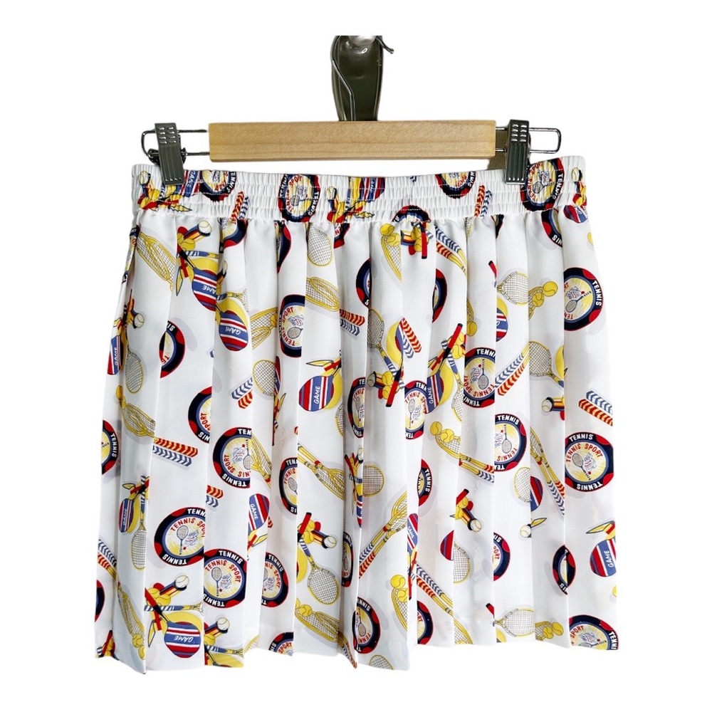 Vintage Liz Sport Pleated Tennis Mini Skirt Size Large Graphic Print White